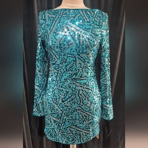 SHEIN Teal Sequin Long Sleeve Dress